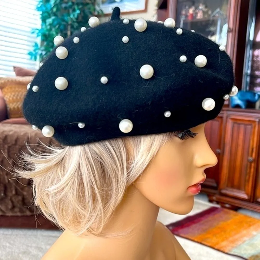Brand New Jessica Simpson Black Wool French Beret w/ Faux Pearl Accents Beaded